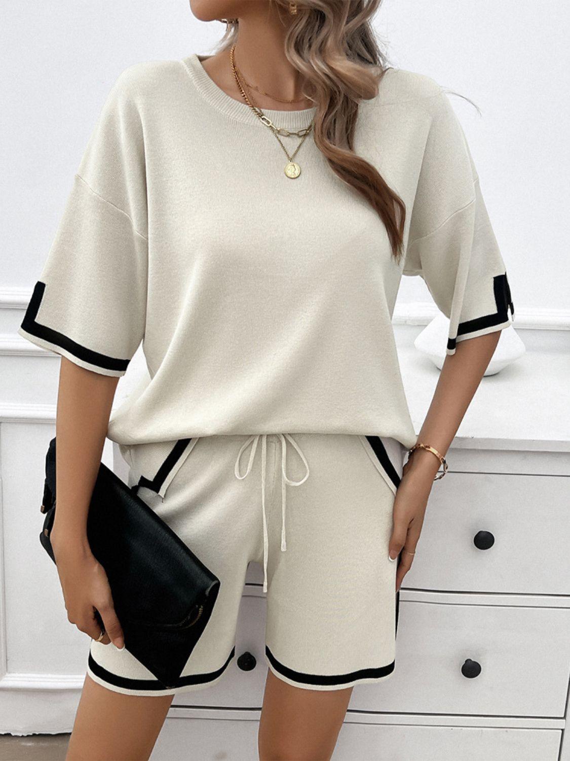 Devine Contrast Trim Round Neck Top and Shorts Set - Clothes For Her Online Store