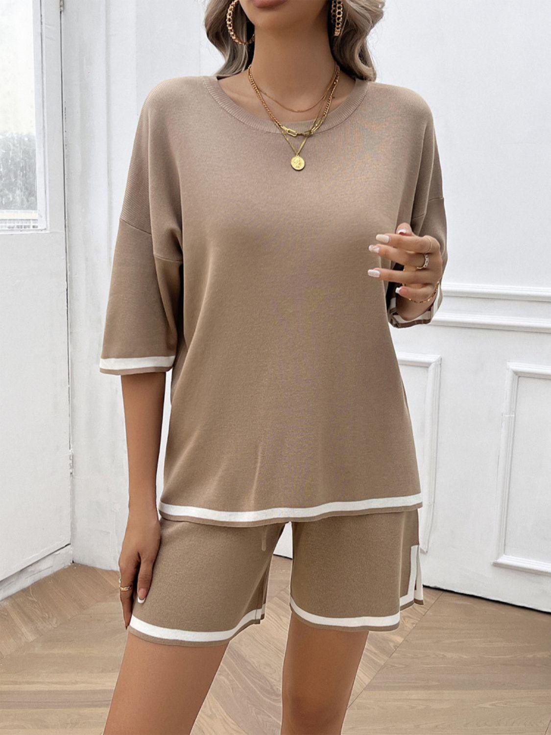 Devine Contrast Trim Round Neck Top and Shorts Set - Clothes For Her Online Store
