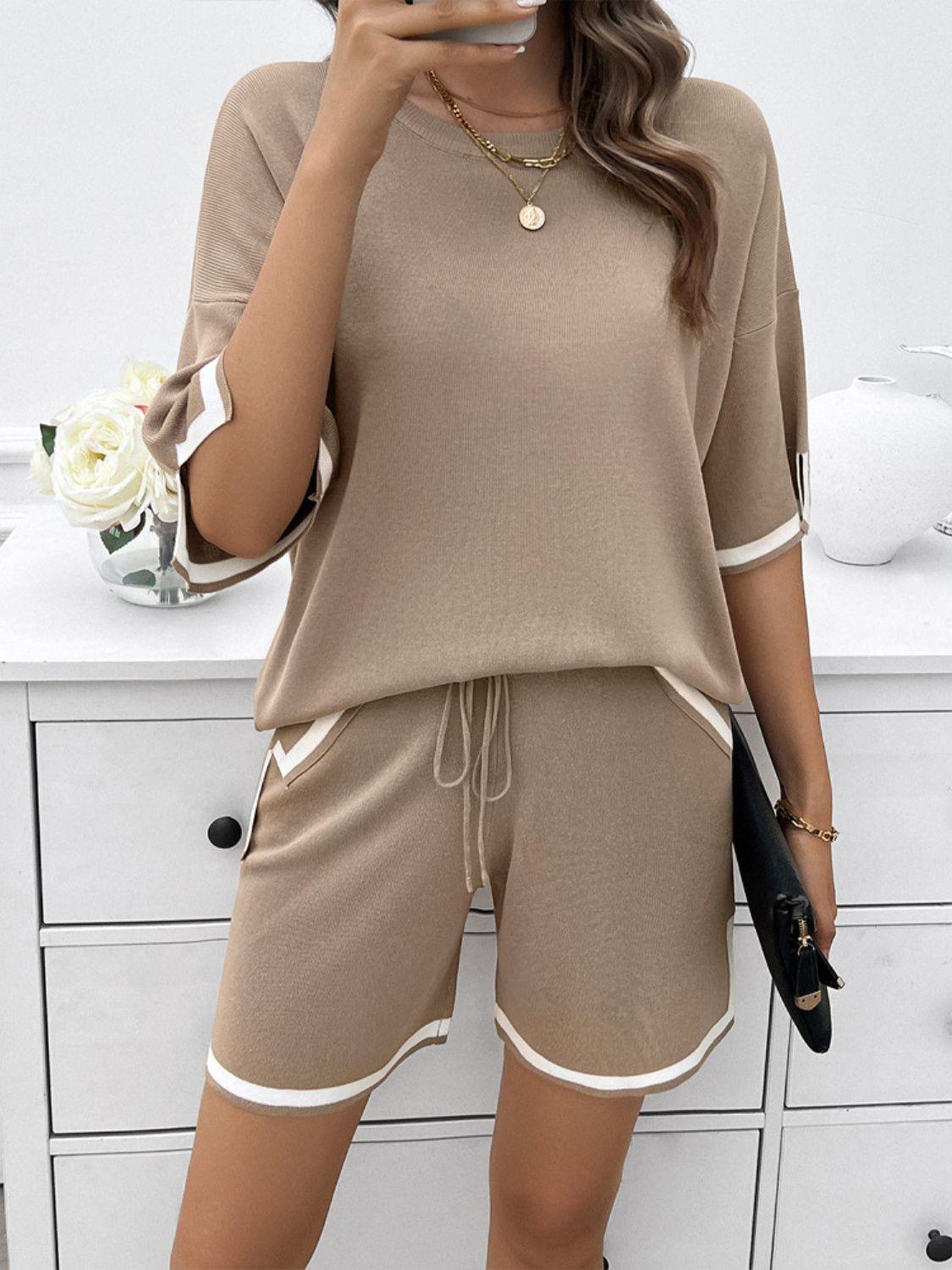 Devine Contrast Trim Round Neck Top and Shorts Set - Clothes For Her Online Store