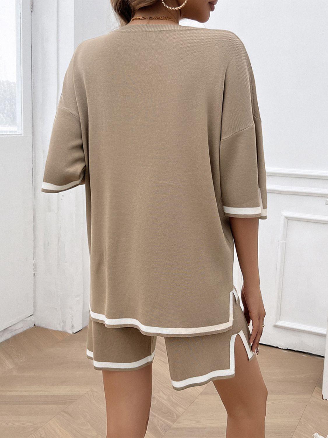 Devine Contrast Trim Round Neck Top and Shorts Set - Clothes For Her Online Store