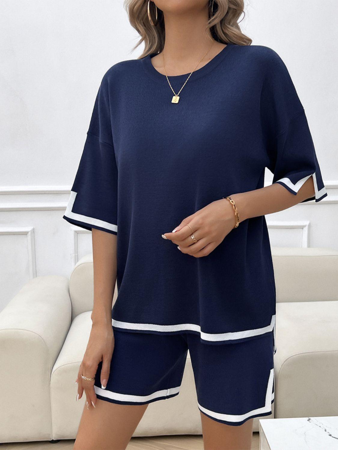 Devine Contrast Trim Round Neck Top and Shorts Set - Clothes For Her Online Store