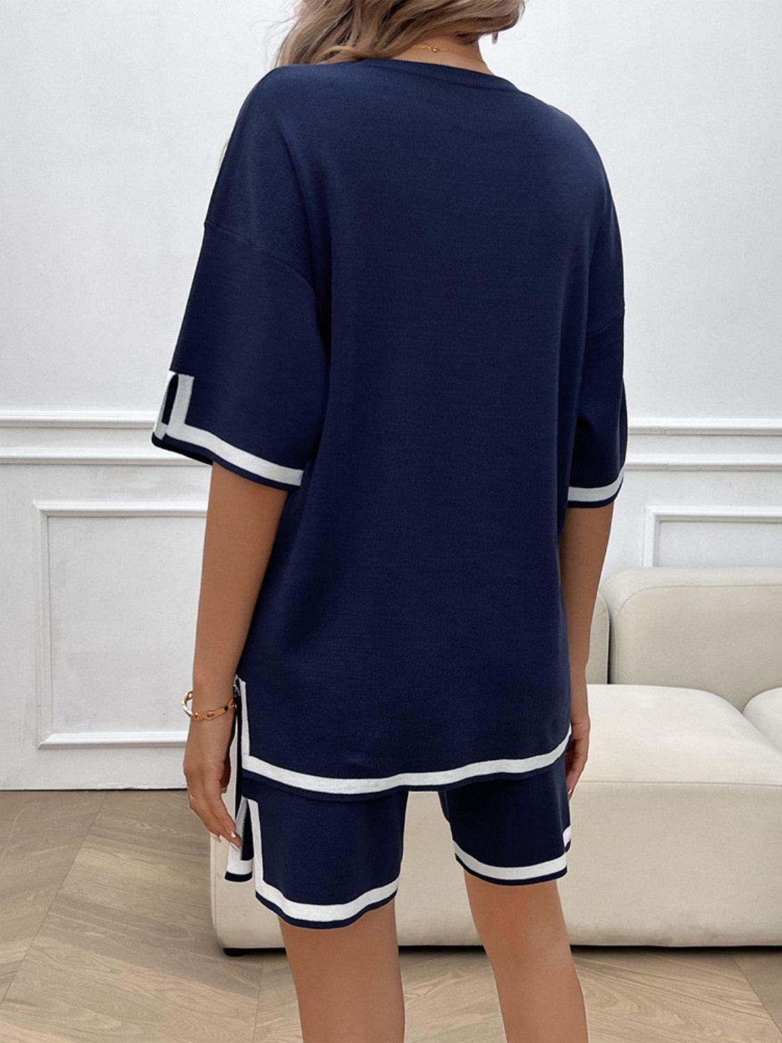 Devine Contrast Trim Round Neck Top and Shorts Set - Clothes For Her Online Store