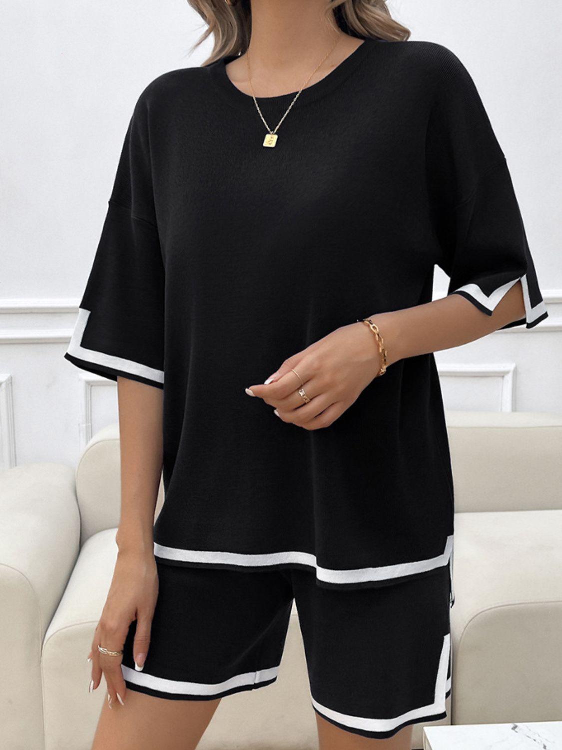 Devine Contrast Trim Round Neck Top and Shorts Set - Clothes For Her Online Store