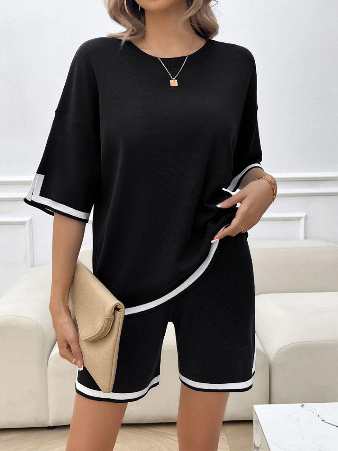 Devine Contrast Trim Round Neck Top and Shorts Set - Clothes For Her Online Store