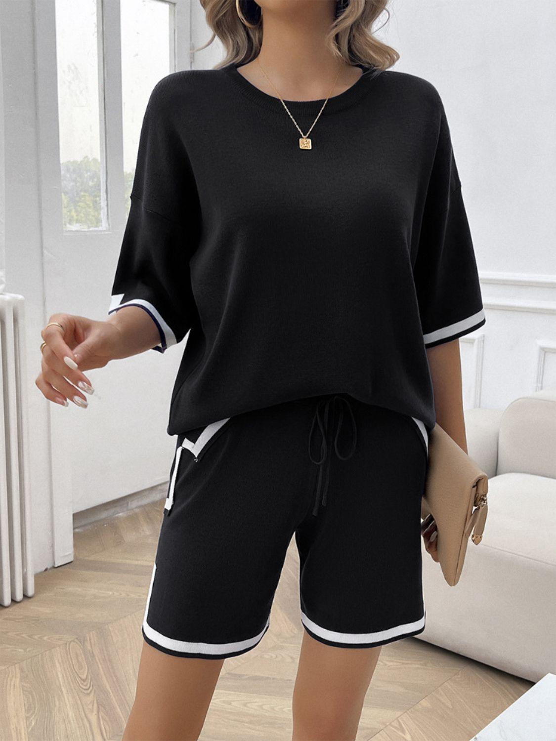 Devine Contrast Trim Round Neck Top and Shorts Set - Clothes For Her Online Store