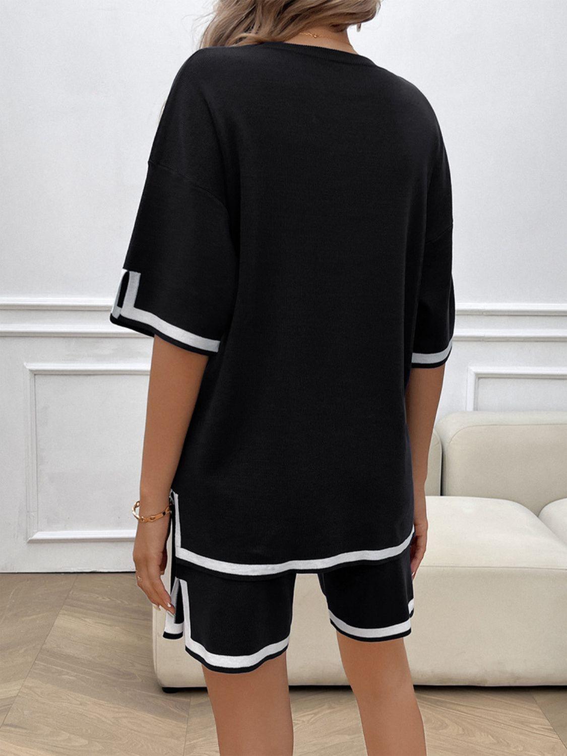 Devine Contrast Trim Round Neck Top and Shorts Set - Clothes For Her Online Store