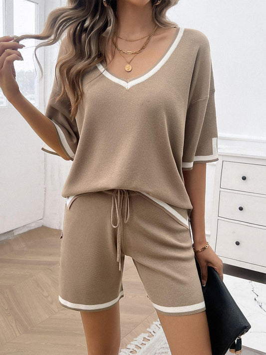 Devine Contrast Trim V-Neck Top and Shorts Set - Clothes For Her Online Store