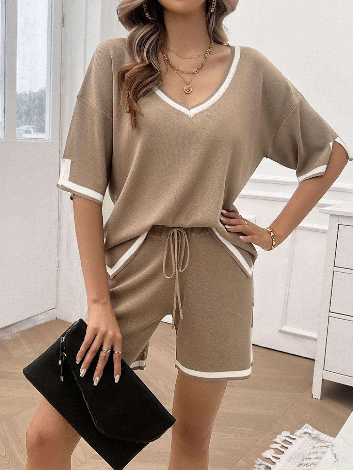 Devine Contrast Trim V-Neck Top and Shorts Set - Clothes For Her Online Store