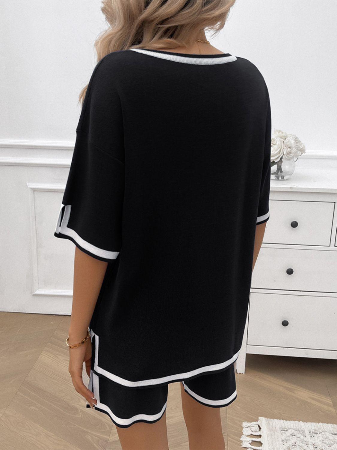 Devine Contrast Trim V-Neck Top and Shorts Set - Clothes For Her Online Store