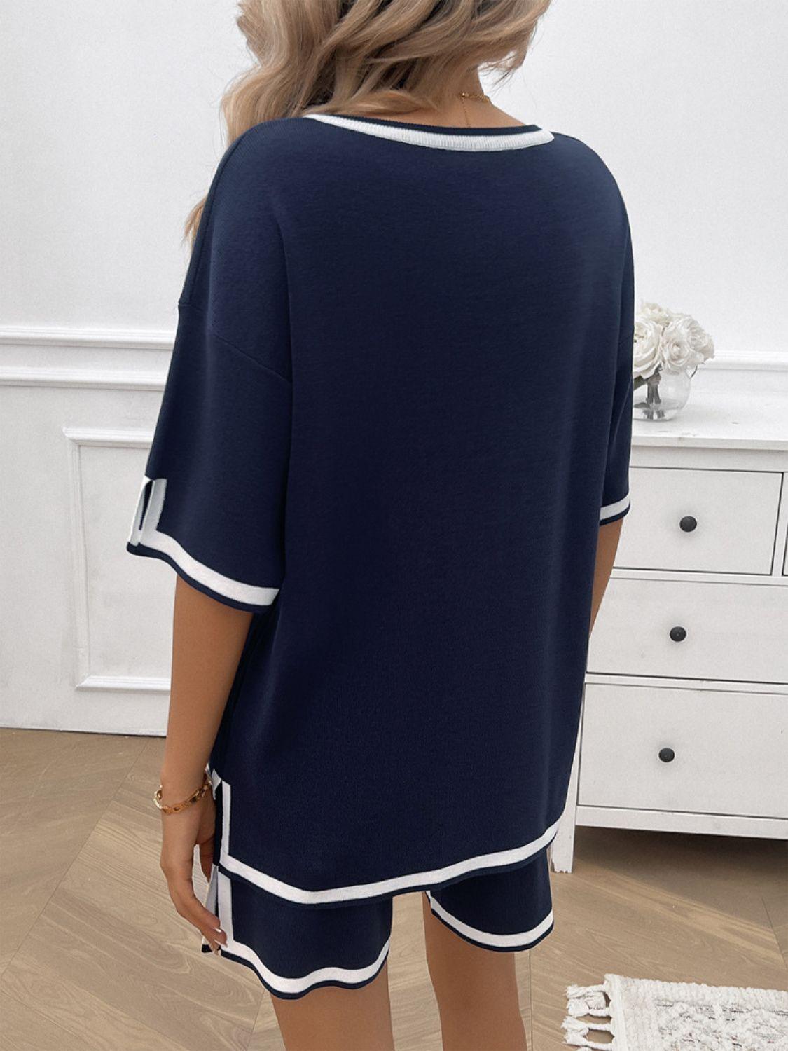 Devine Contrast Trim V-Neck Top and Shorts Set - Clothes For Her Online Store