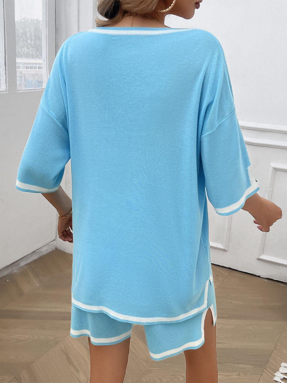 Devine Contrast Trim V-Neck Top and Shorts Set - Clothes For Her Online Store
