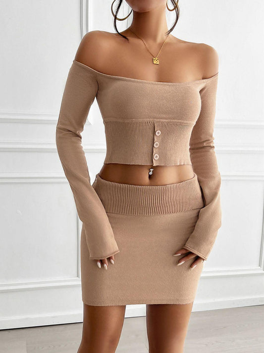 Devine Decorative Button Off-Shoulder Top and Skirt Set - Clothes For Her Online Store