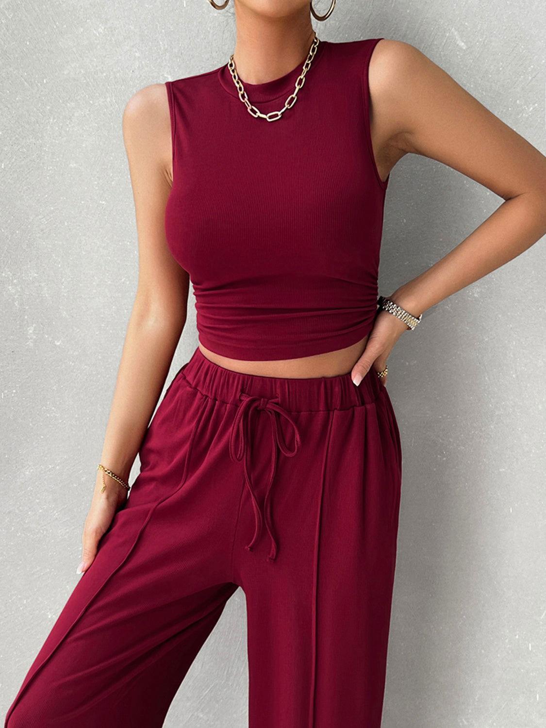 Devine Mock Neck Sleeveless Top and Drawstring Pants Set - Clothes For Her Online Store