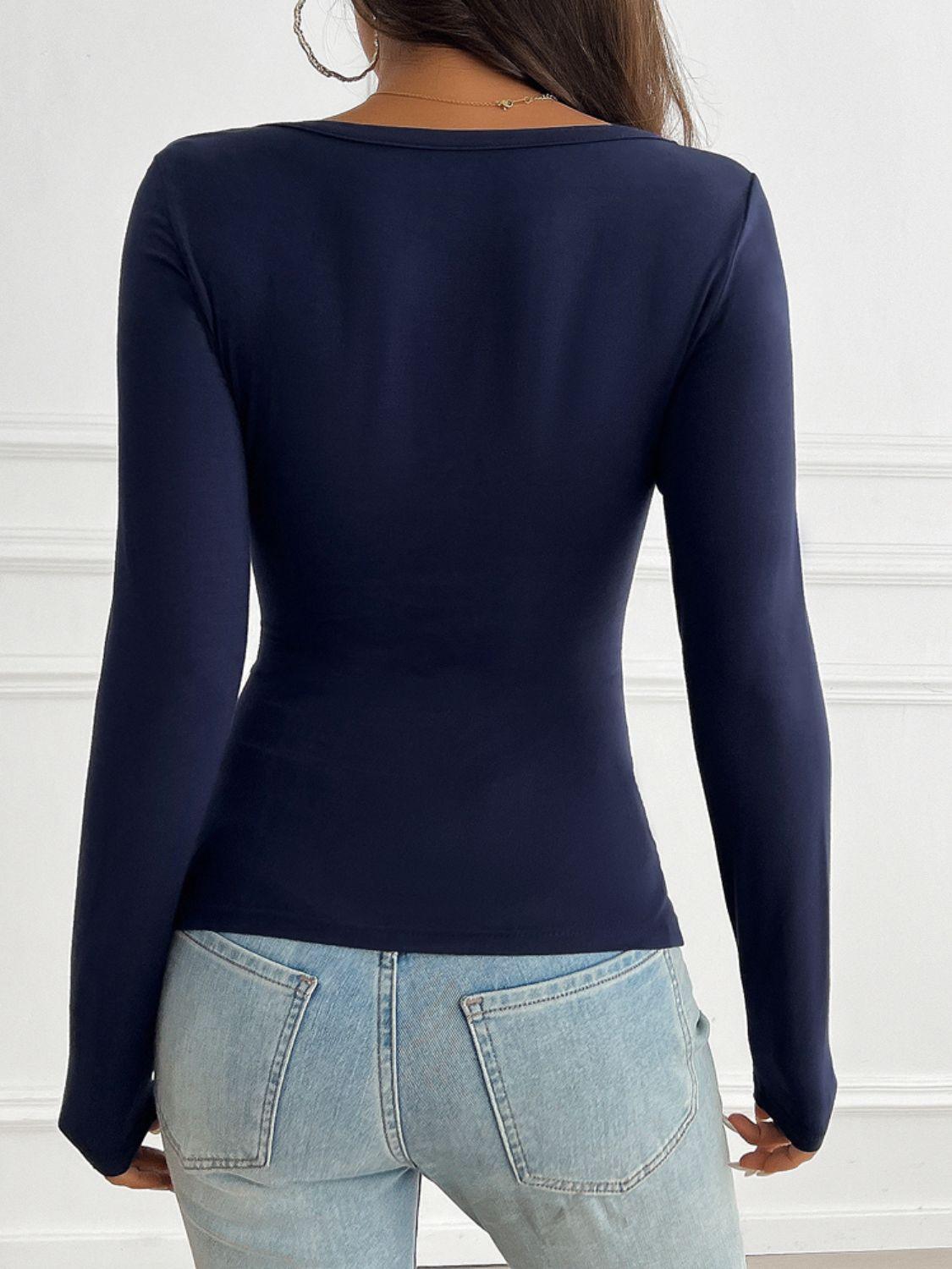 Devine Ruched V-Neck Long Sleeve T-Shirt - Clothes For Her Online Store