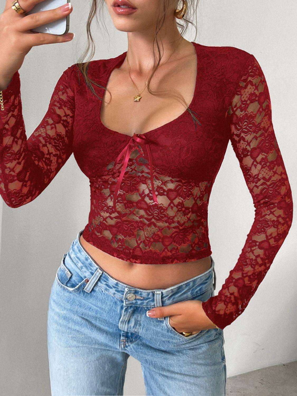 Devine Scoop Neck Long Sleeve Lace Top - Clothes For Her Online Store