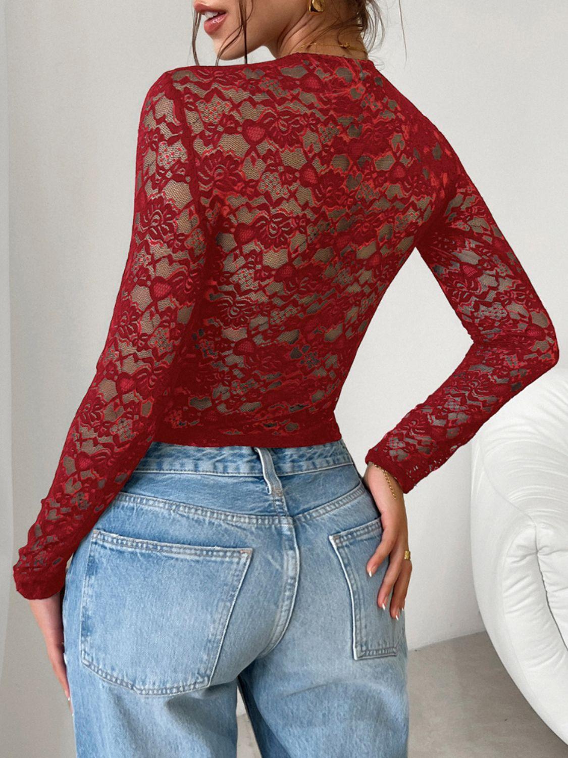 Devine Scoop Neck Long Sleeve Lace Top - Clothes For Her Online Store