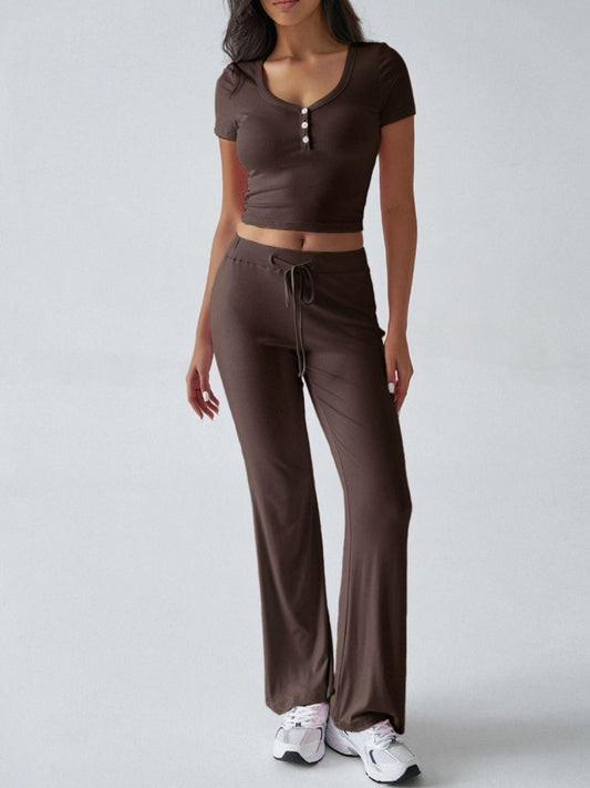 Devine Short Sleeve Top and Drawstring Pants Set - Clothes For Her Online Store