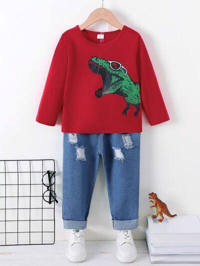Dinosaur Round Neck Long Sleeve Top and Distressed Pants Set - Clothes For Her Online Store