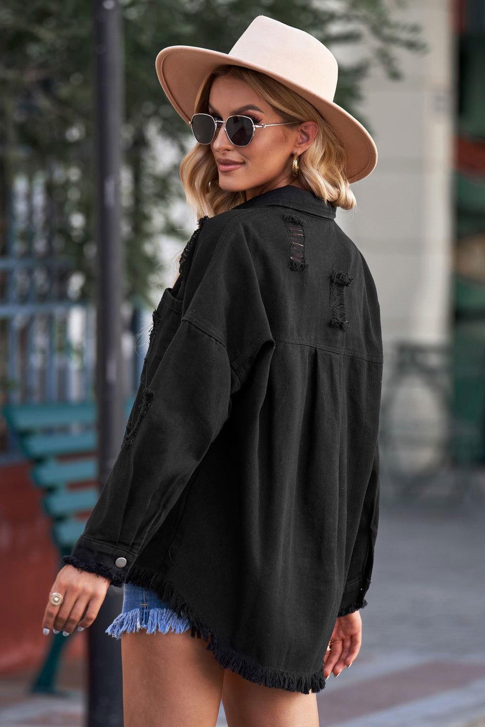 Distressed Button Up Raw Hem Denim Jacket - Clothes For Her Online Store