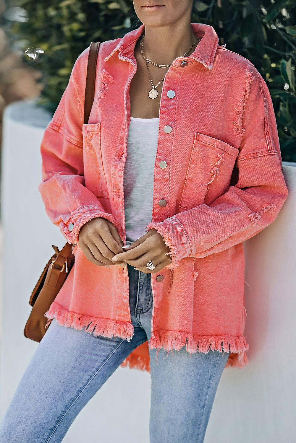 Distressed Button Up Raw Hem Denim Jacket - Clothes For Her Online Store