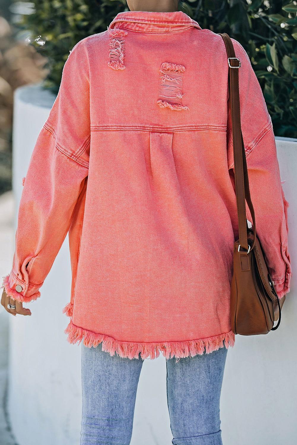 Distressed Button Up Raw Hem Denim Jacket - Clothes For Her Online Store