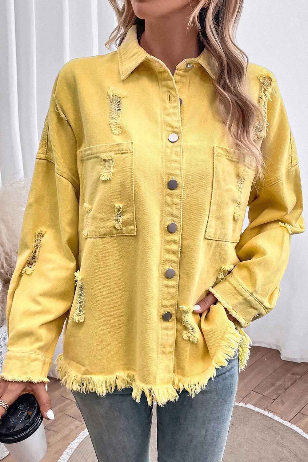Distressed Button Up Raw Hem Denim Jacket - Clothes For Her Online Store