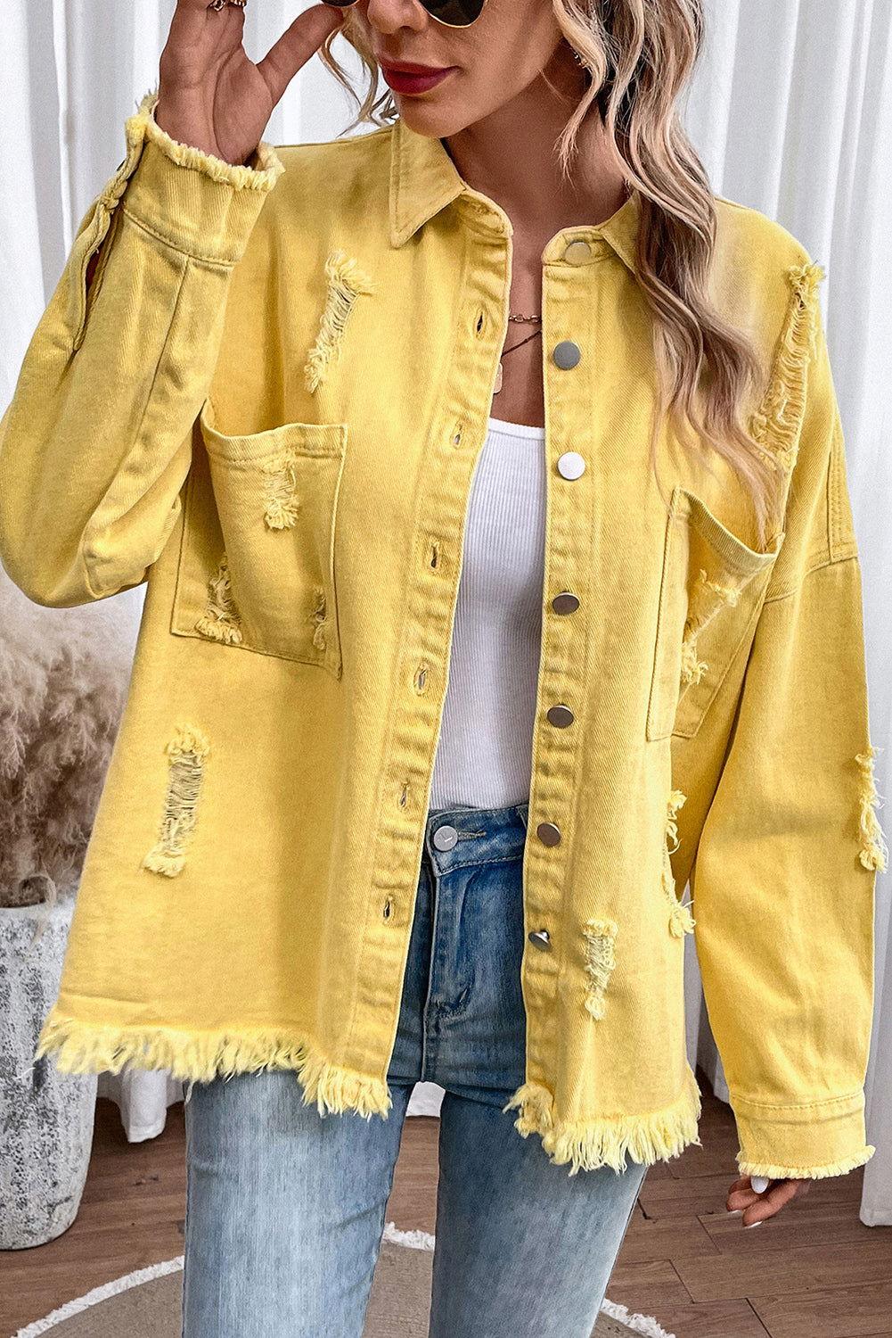 Distressed Button Up Raw Hem Denim Jacket - Clothes For Her Online Store
