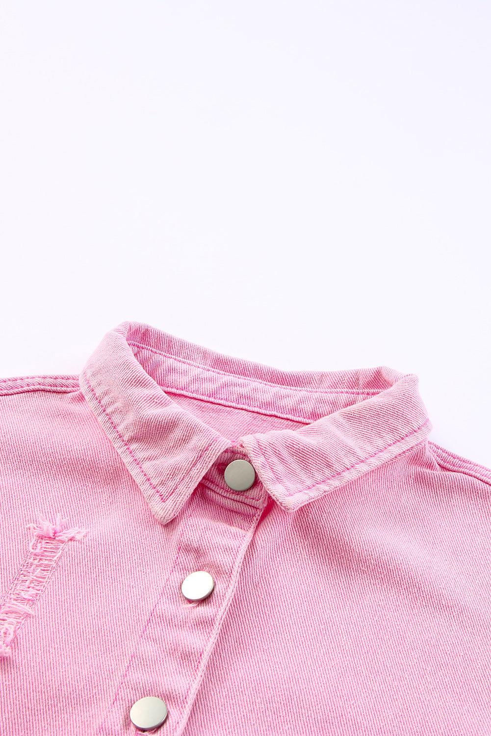 Distressed Button Up Raw Hem Denim Jacket - Clothes For Her Online Store