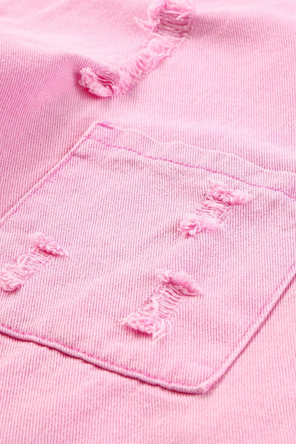 Distressed Button Up Raw Hem Denim Jacket - Clothes For Her Online Store