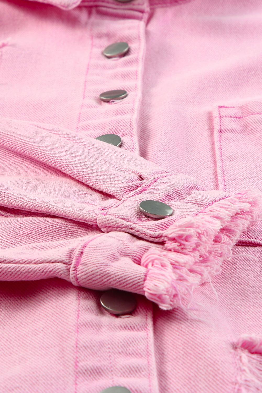 Distressed Button Up Raw Hem Denim Jacket - Clothes For Her Online Store