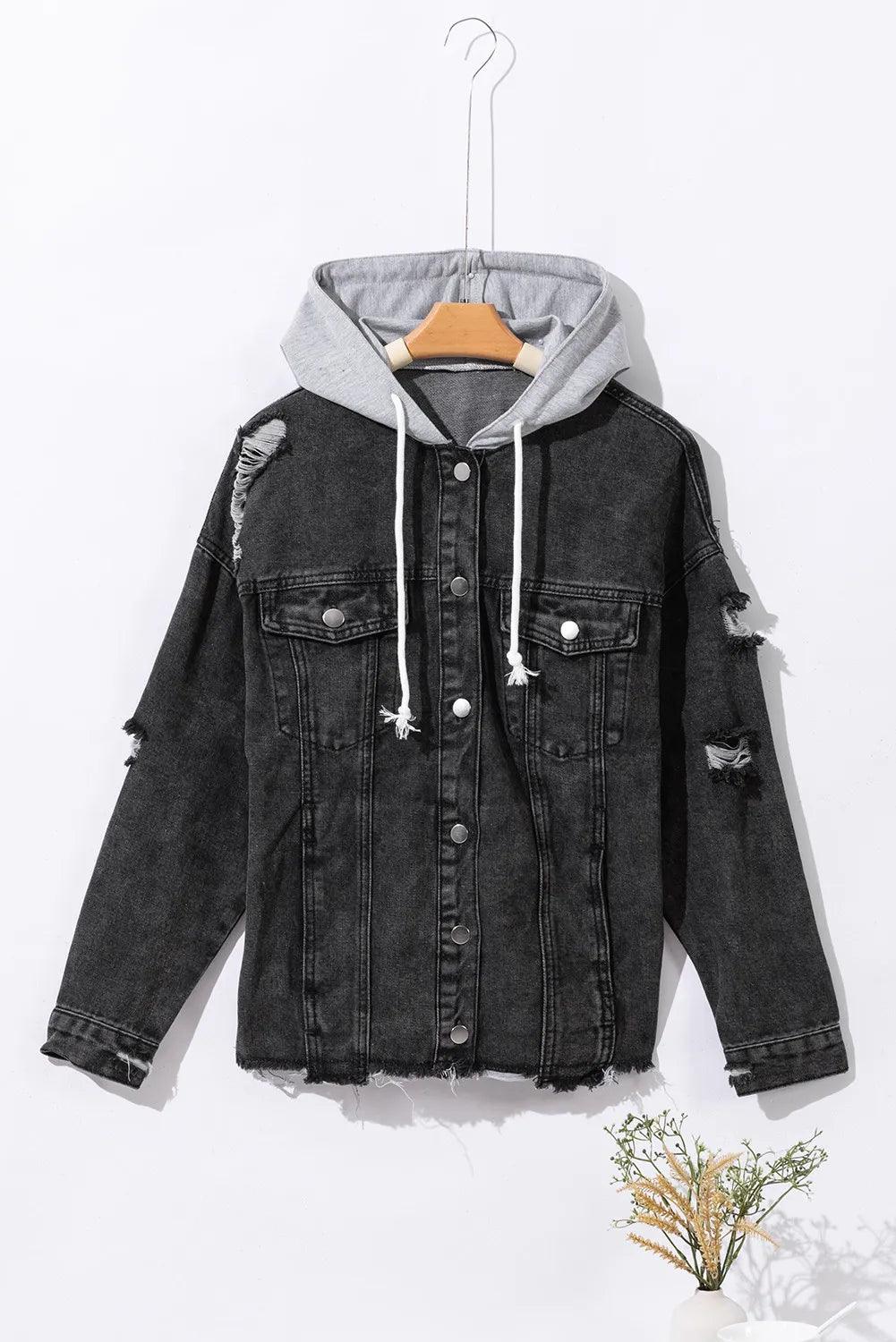 Distressed Drawstring Long Sleeve Hooded Denim Jacket - Clothes For Her Online Store