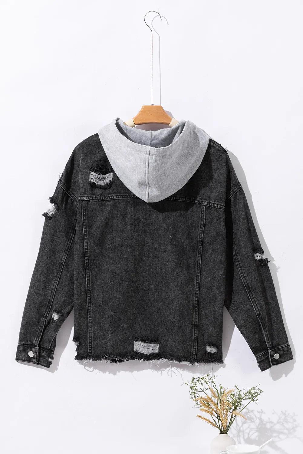 Distressed Drawstring Long Sleeve Hooded Denim Jacket - Clothes For Her Online Store