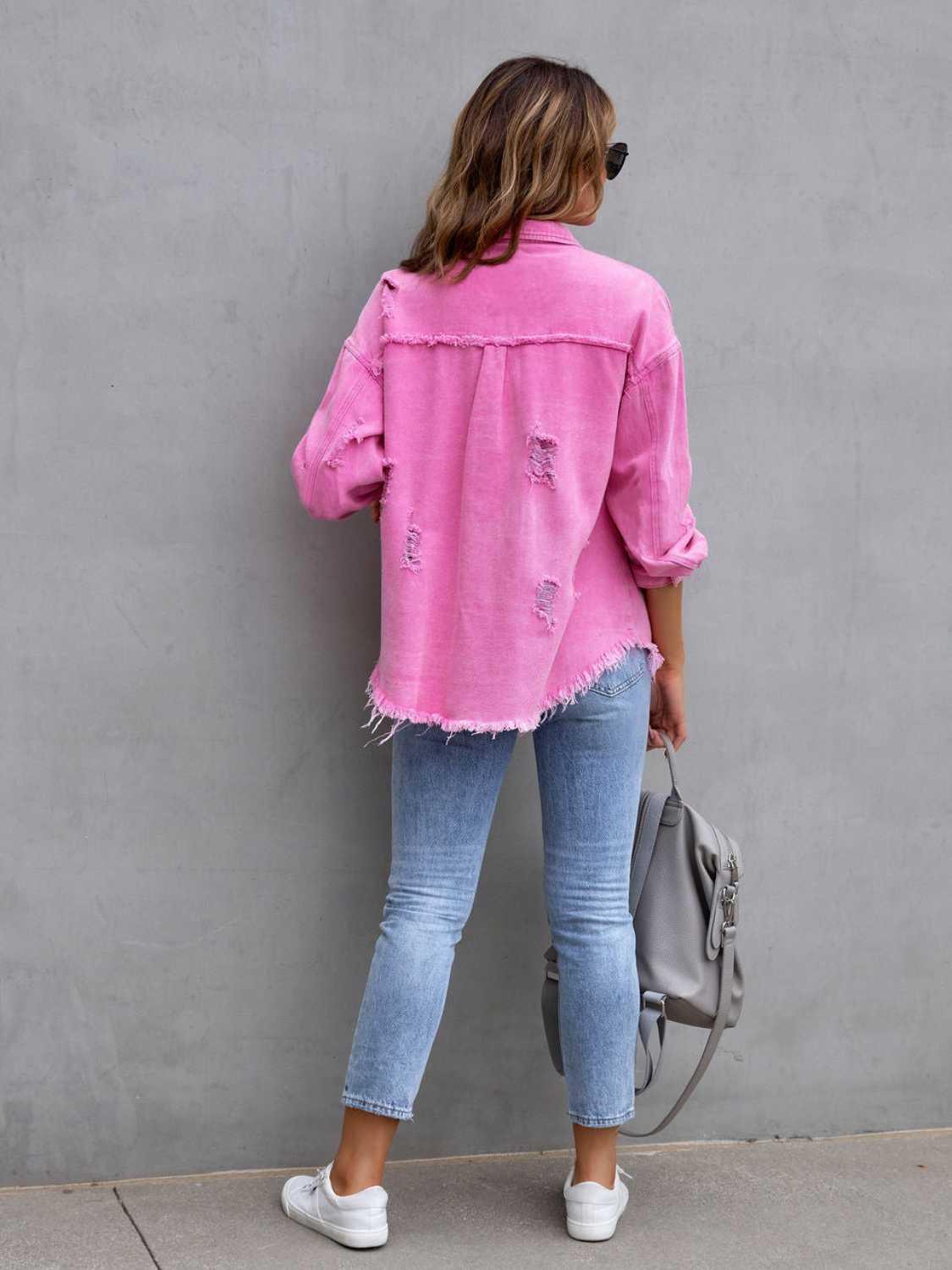 Distressed Drop Shoulder Denim Jacket - Clothes For Her Online Store