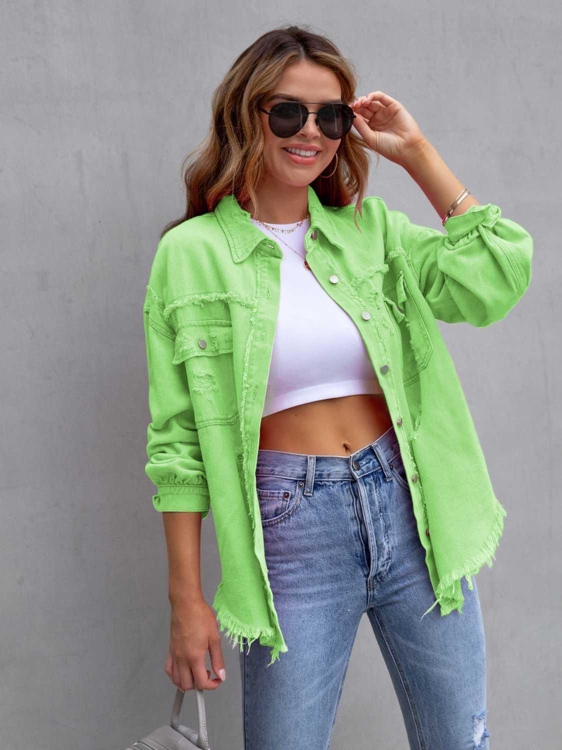 Distressed Drop Shoulder Denim Jacket - Clothes For Her Online Store