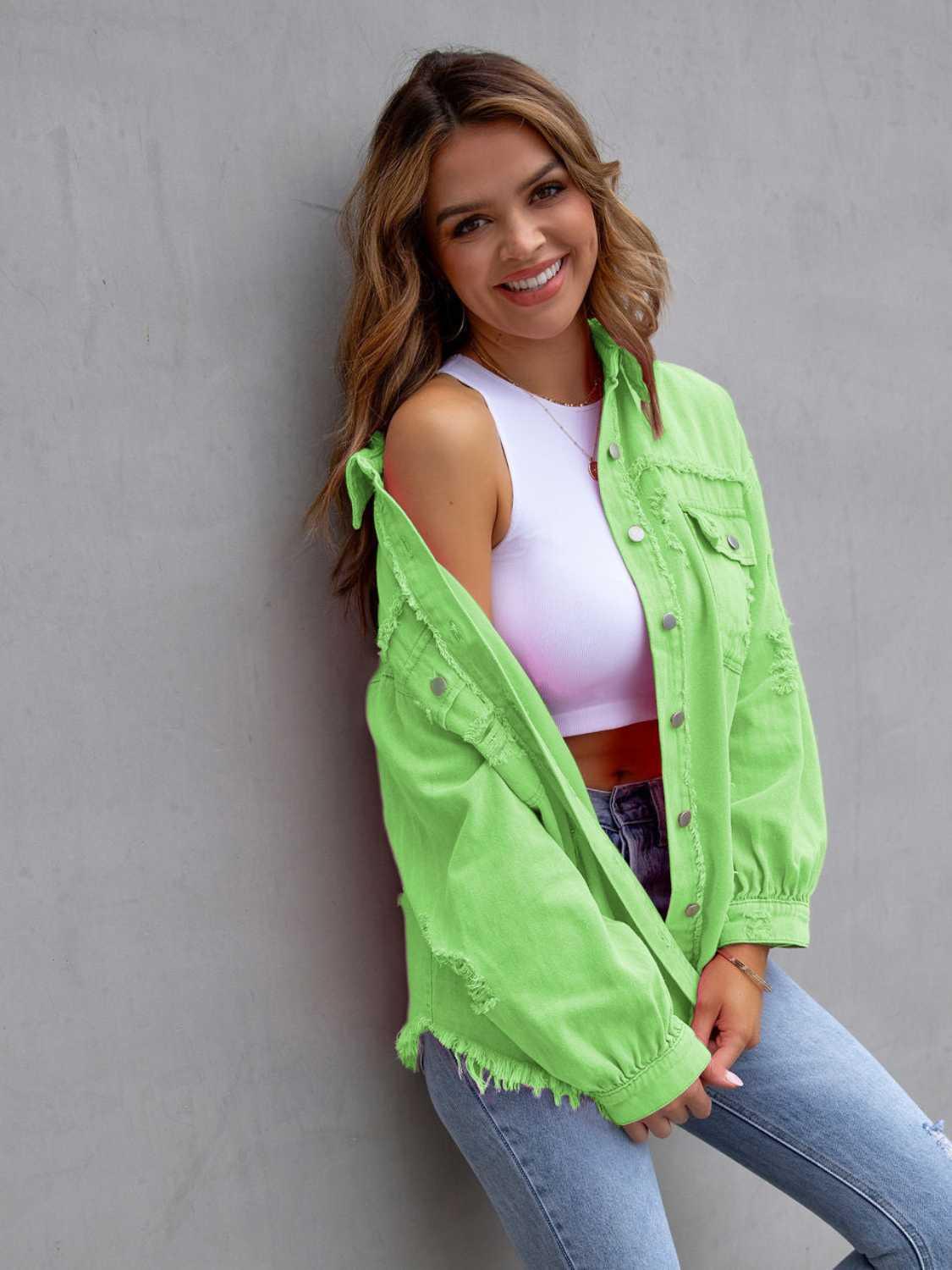 Distressed Drop Shoulder Denim Jacket - Clothes For Her Online Store