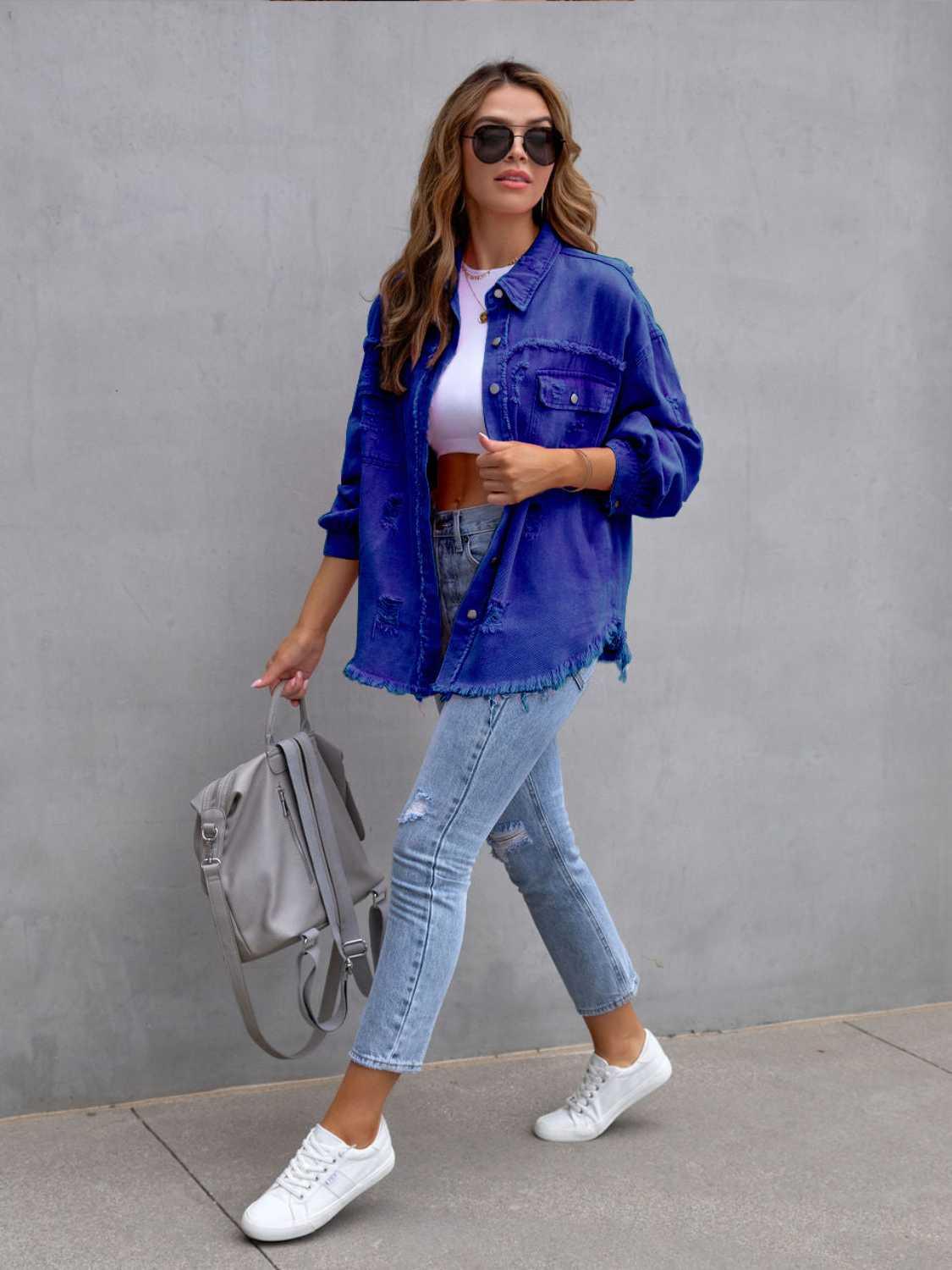 Distressed Drop Shoulder Denim Jacket - Clothes For Her Online Store