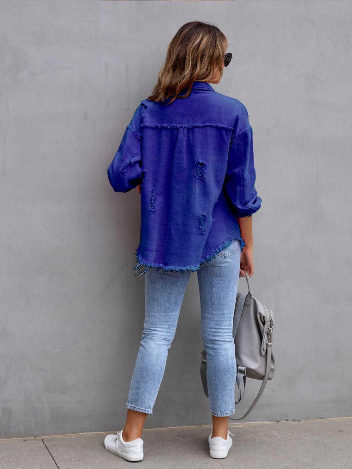 Distressed Drop Shoulder Denim Jacket - Clothes For Her Online Store