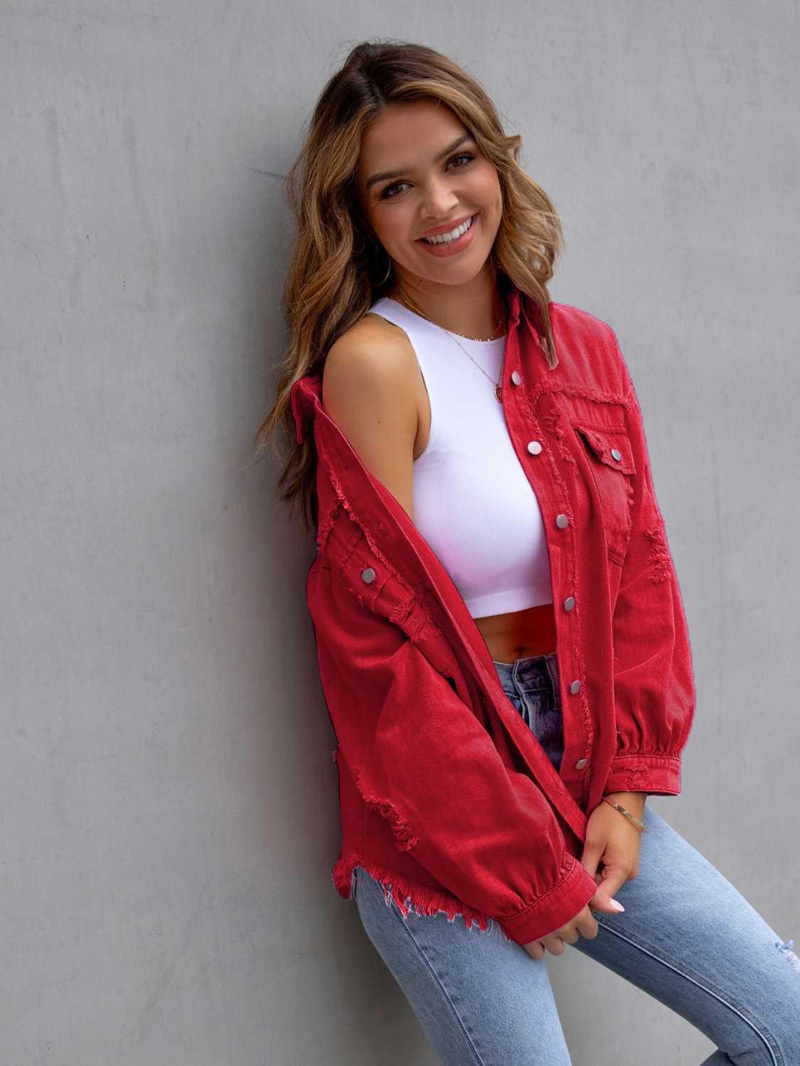 Distressed Drop Shoulder Denim Jacket - Clothes For Her Online Store
