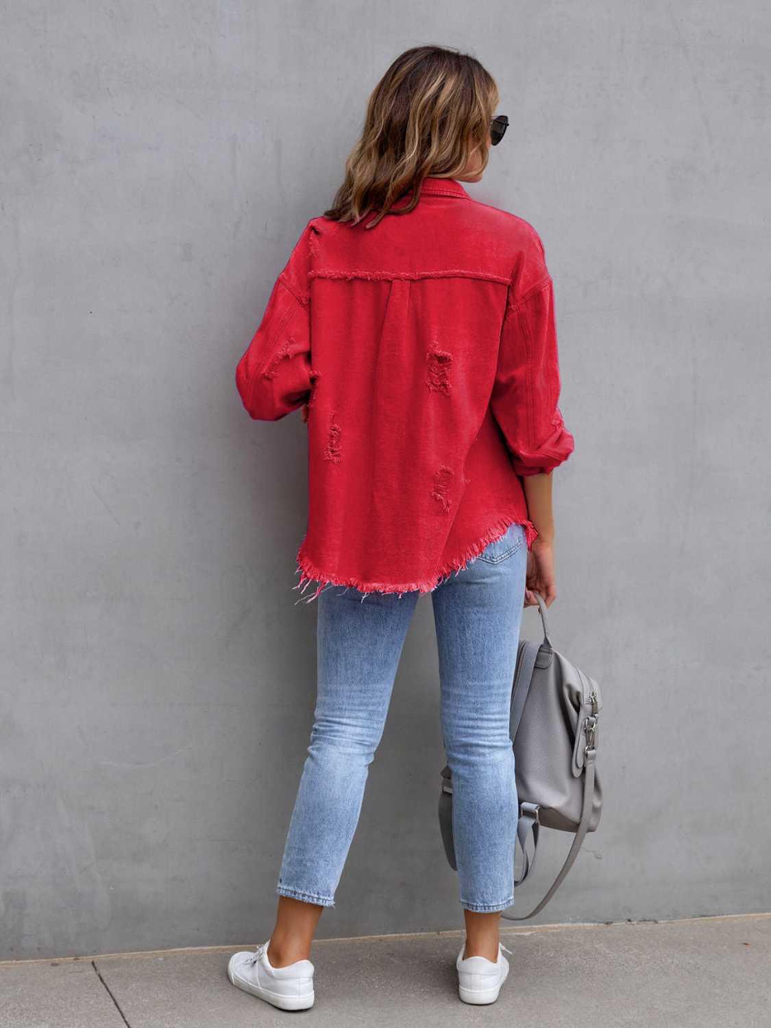 Distressed Drop Shoulder Denim Jacket - Clothes For Her Online Store