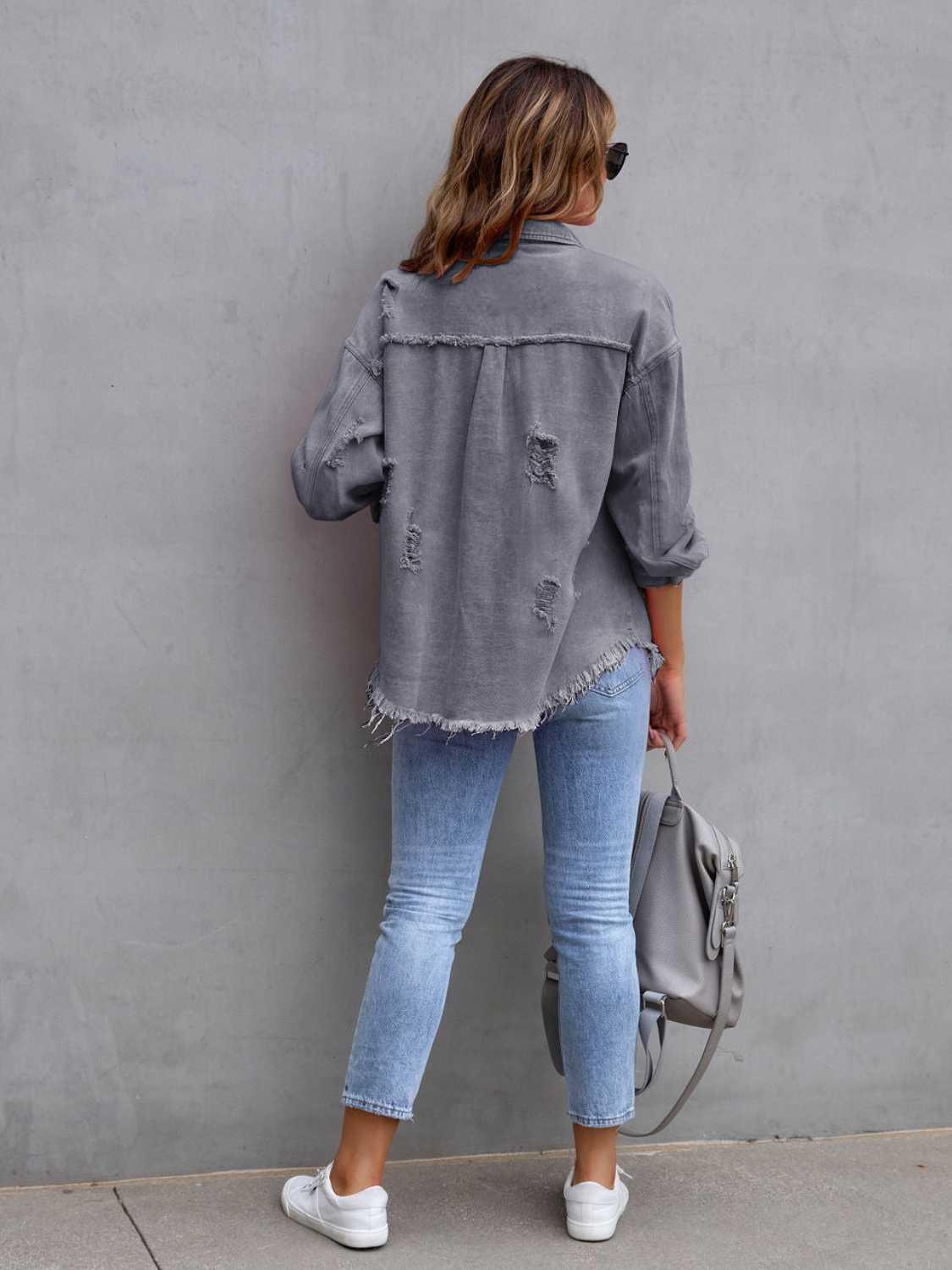 Distressed Drop Shoulder Denim Jacket - Clothes For Her Online Store