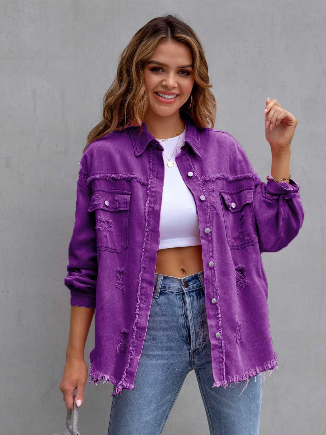Distressed Drop Shoulder Denim Jacket - Clothes For Her Online Store