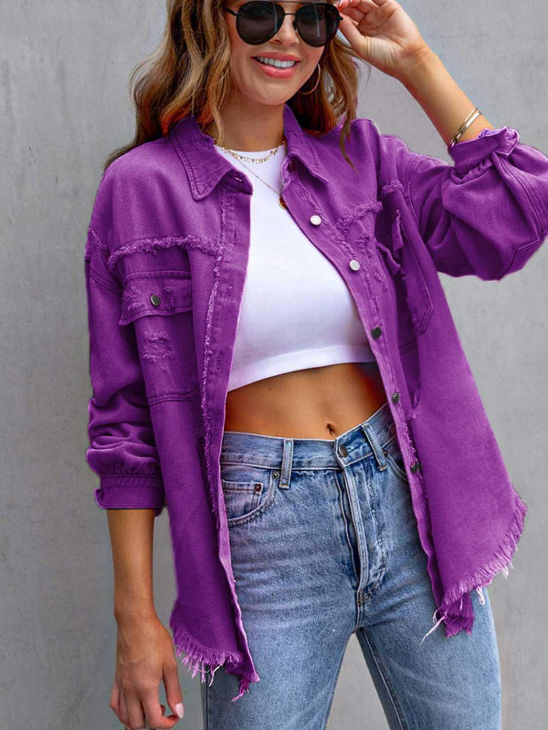 Distressed Drop Shoulder Denim Jacket - Clothes For Her Online Store