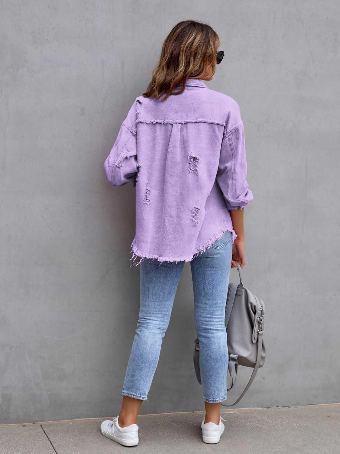 Distressed Drop Shoulder Denim Jacket - Clothes For Her Online Store