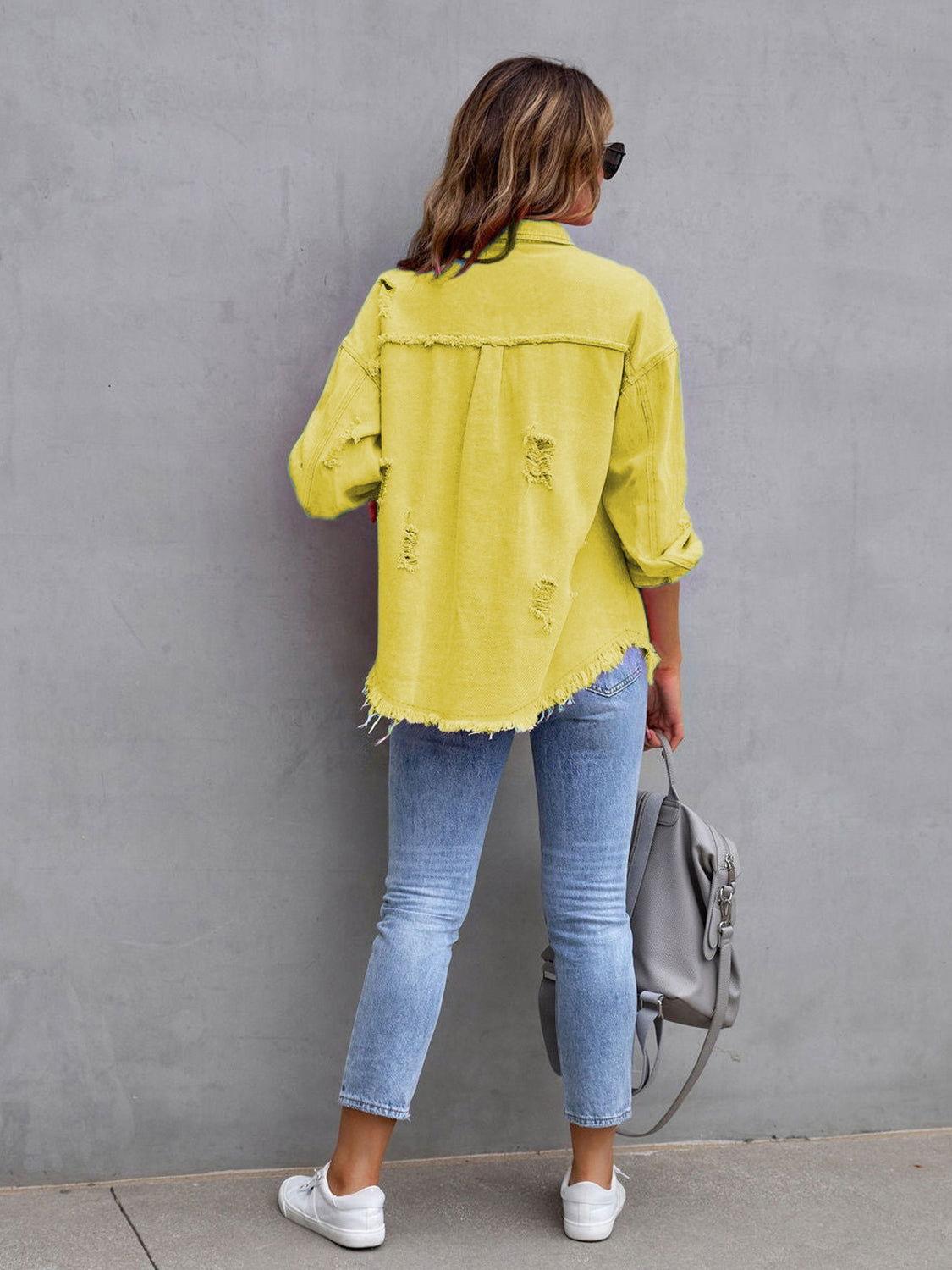 Distressed Drop Shoulder Denim Jacket - Clothes For Her Online Store