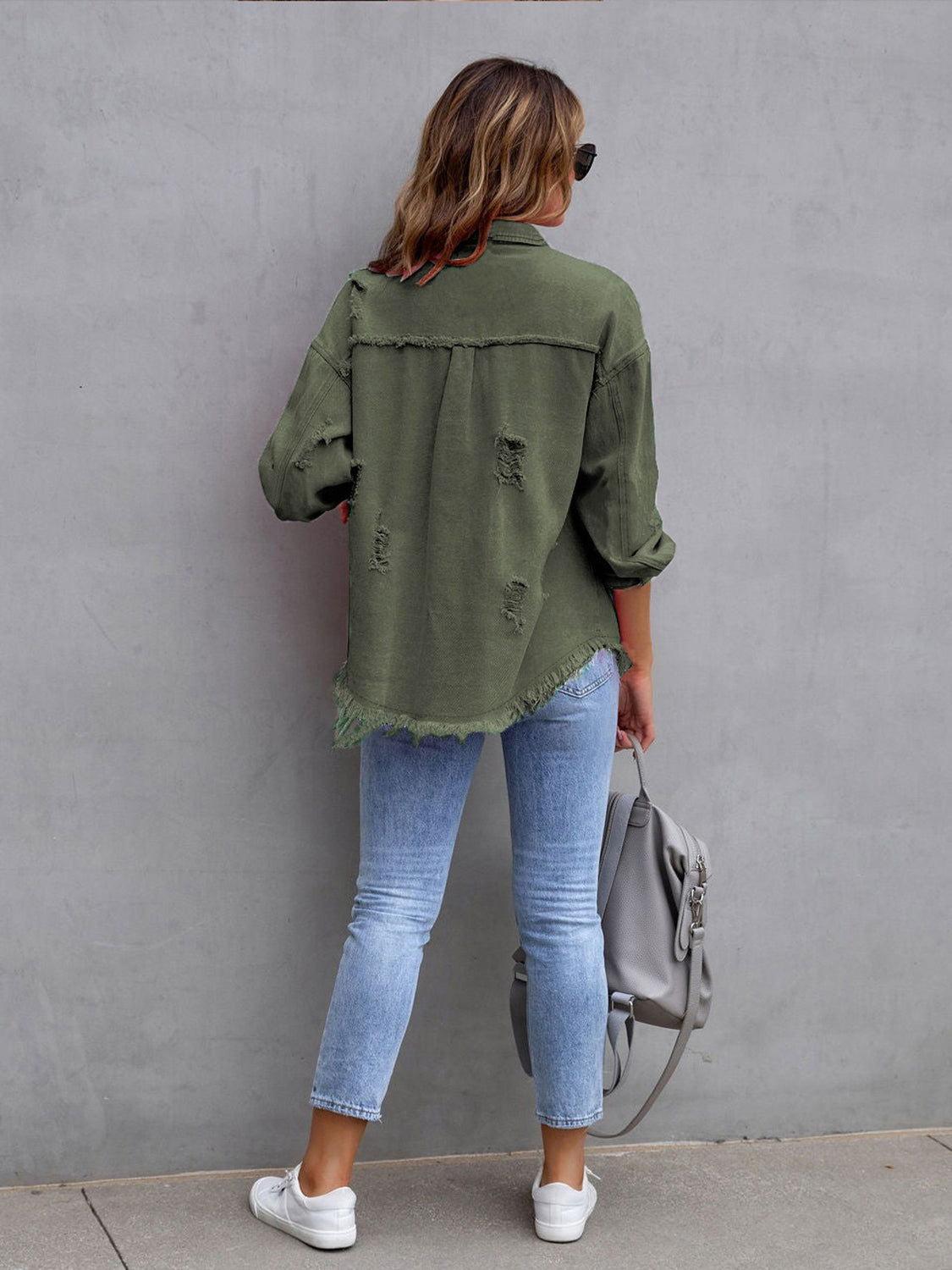 Distressed Drop Shoulder Denim Jacket - Clothes For Her Online Store