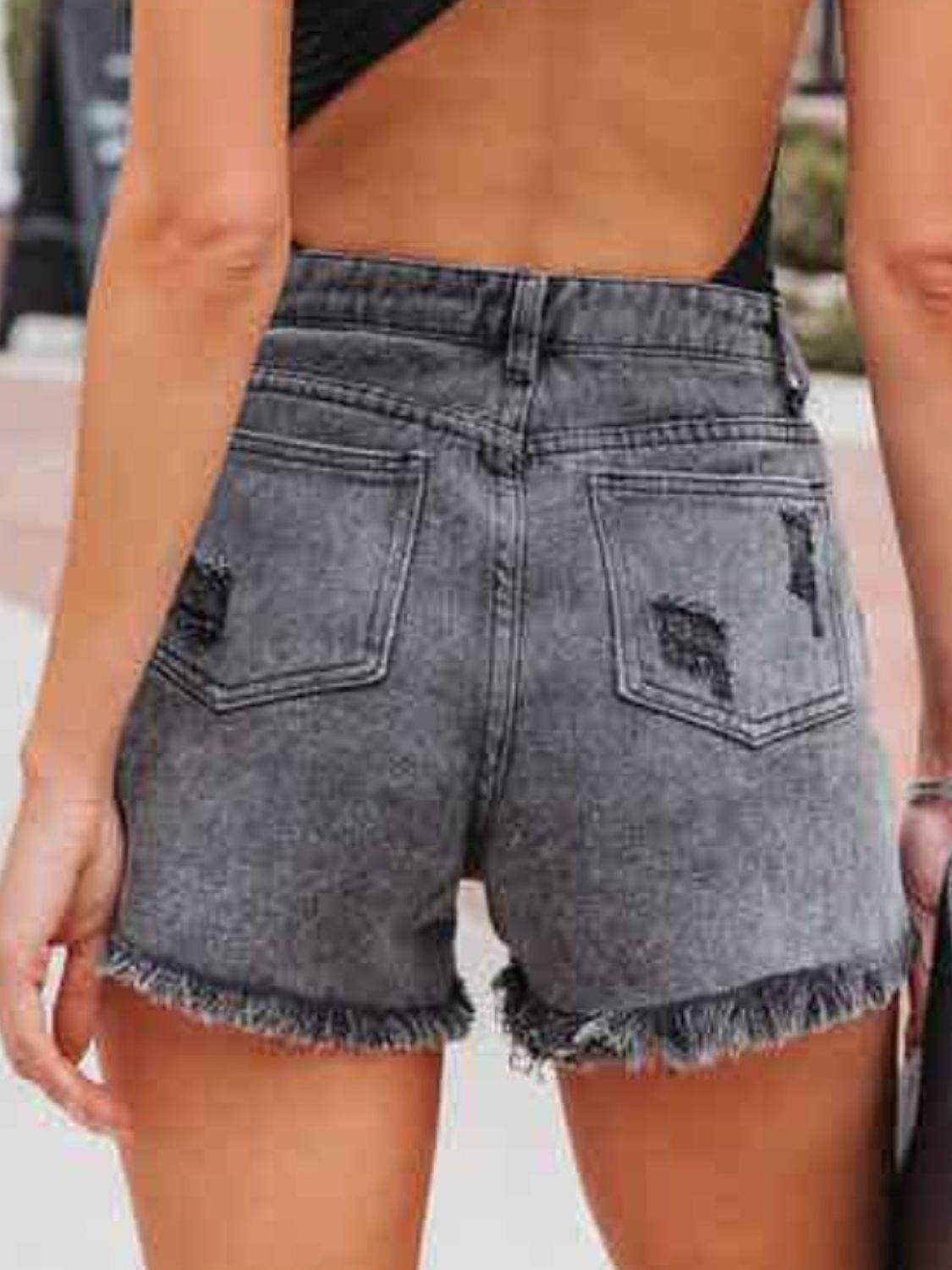 Distressed Fringe Denim Shorts with Pockets - Clothes For Her Online Store