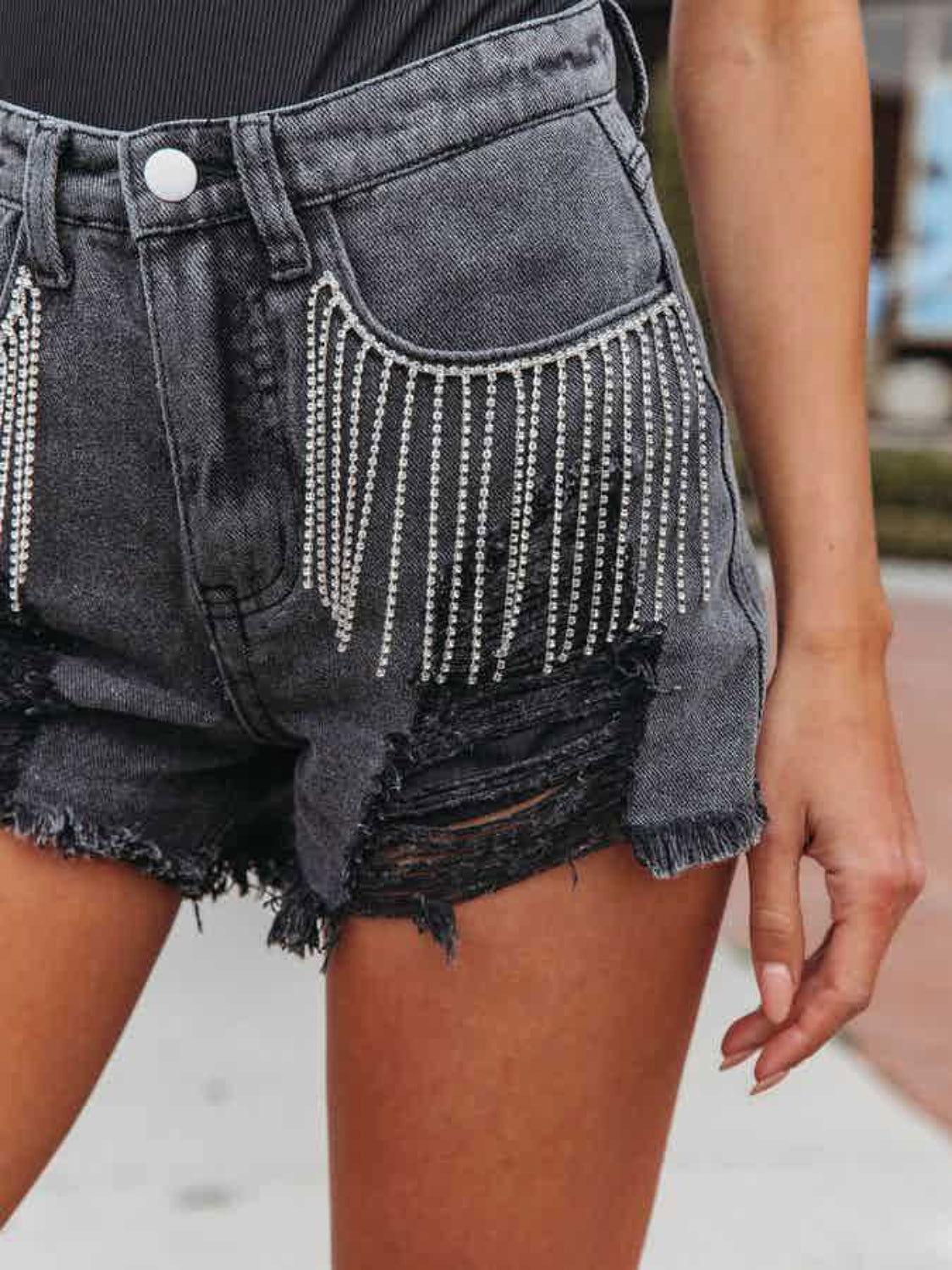 Distressed Fringe Denim Shorts with Pockets - Clothes For Her Online Store