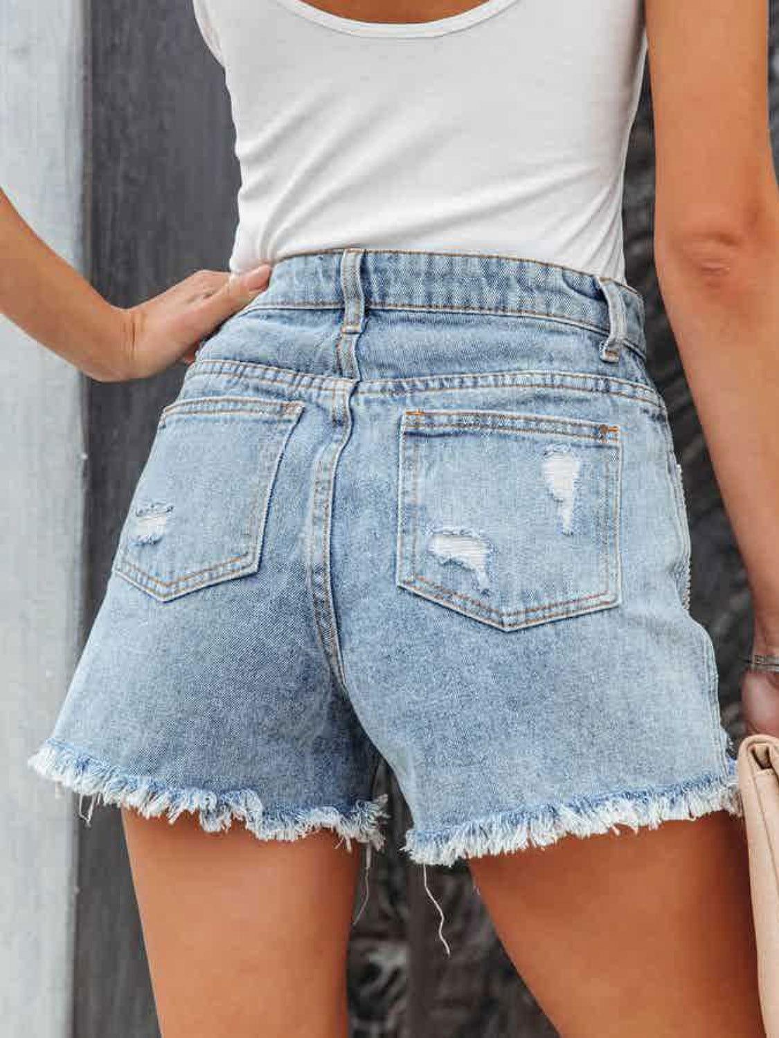 Distressed Fringe Denim Shorts with Pockets - Clothes For Her Online Store