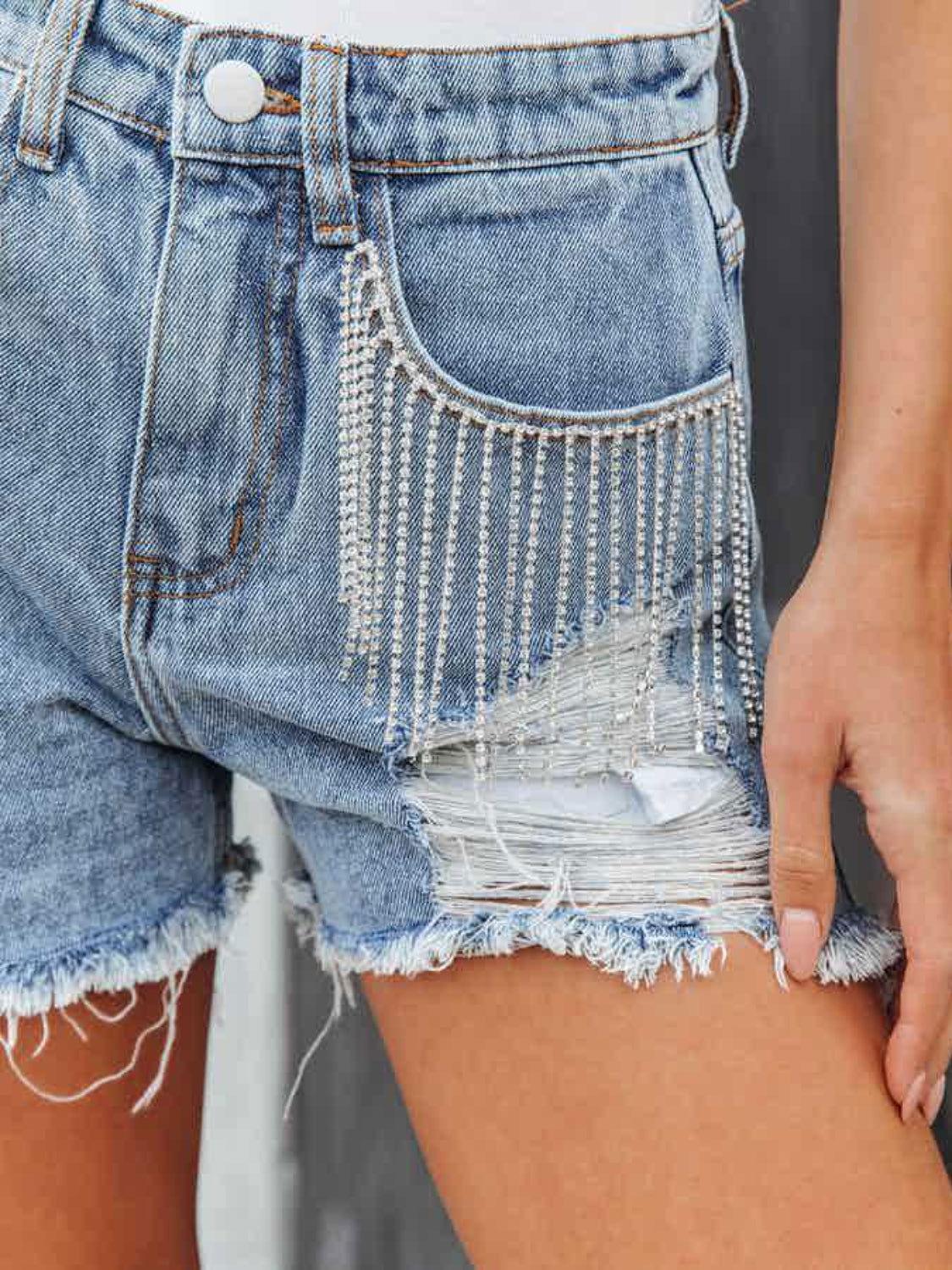 Distressed Fringe Denim Shorts with Pockets - Clothes For Her Online Store