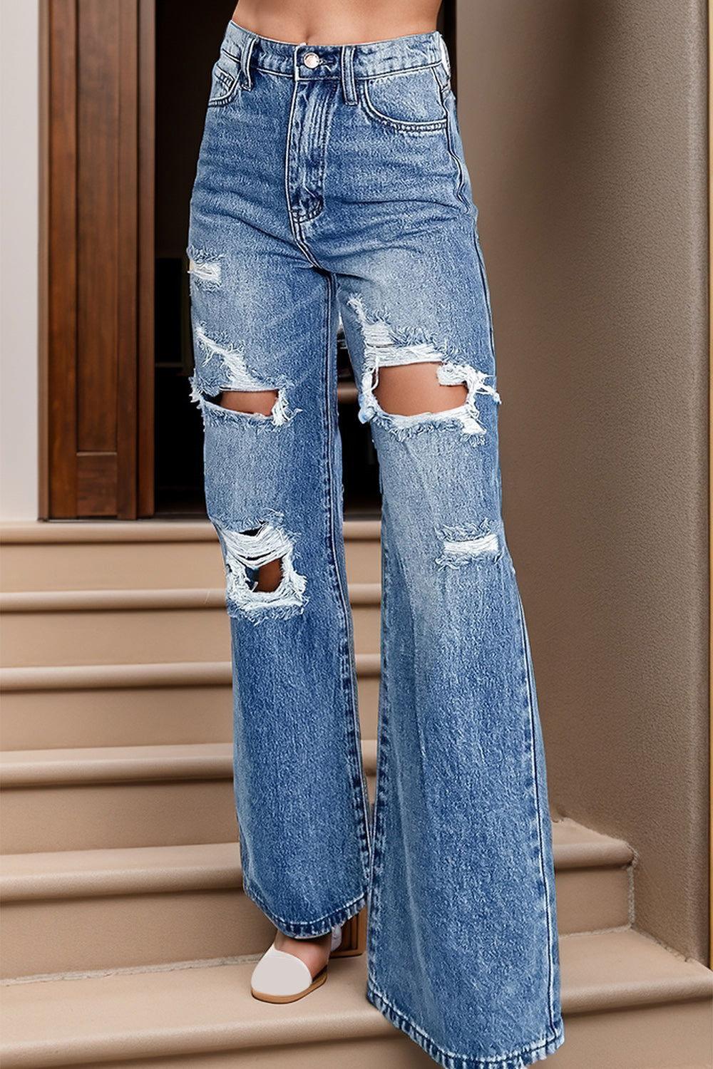 Distressed High Waist Bootcut Jeans - Clothes For Her Online Store